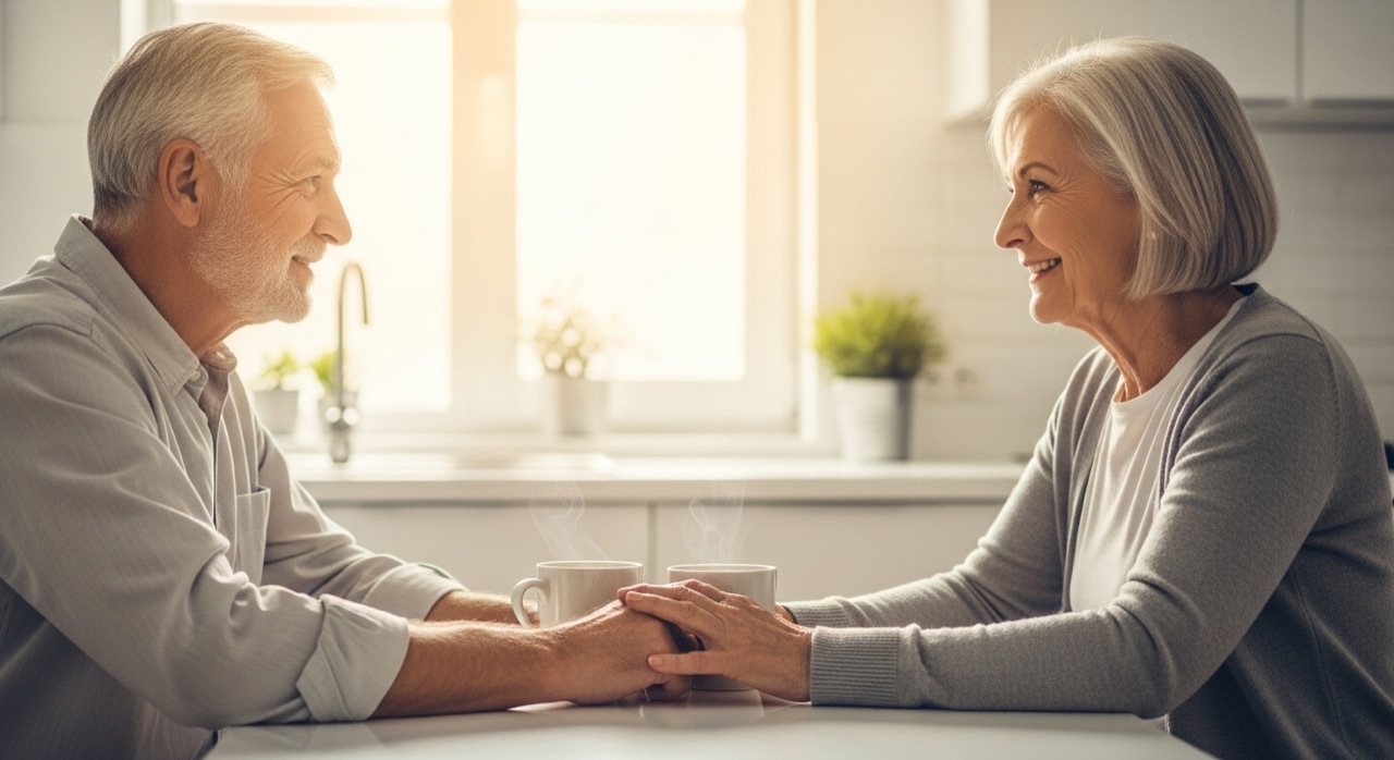 An older couple holding hands over coffee at a sunlit kitchen table