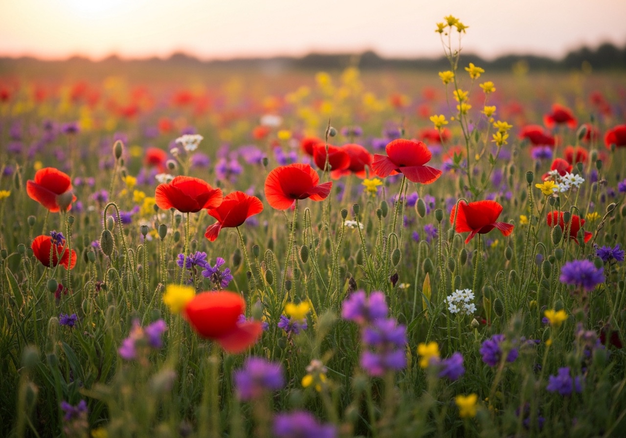 A field of red poppies and wildflowers in soft dusk light