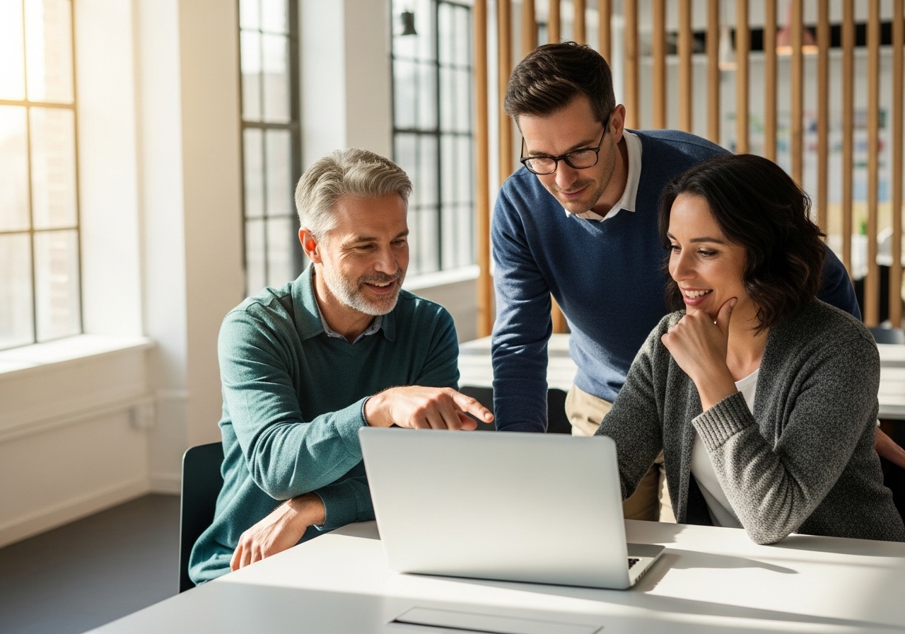 A small team collaborating warmly in a bright modern workspace
