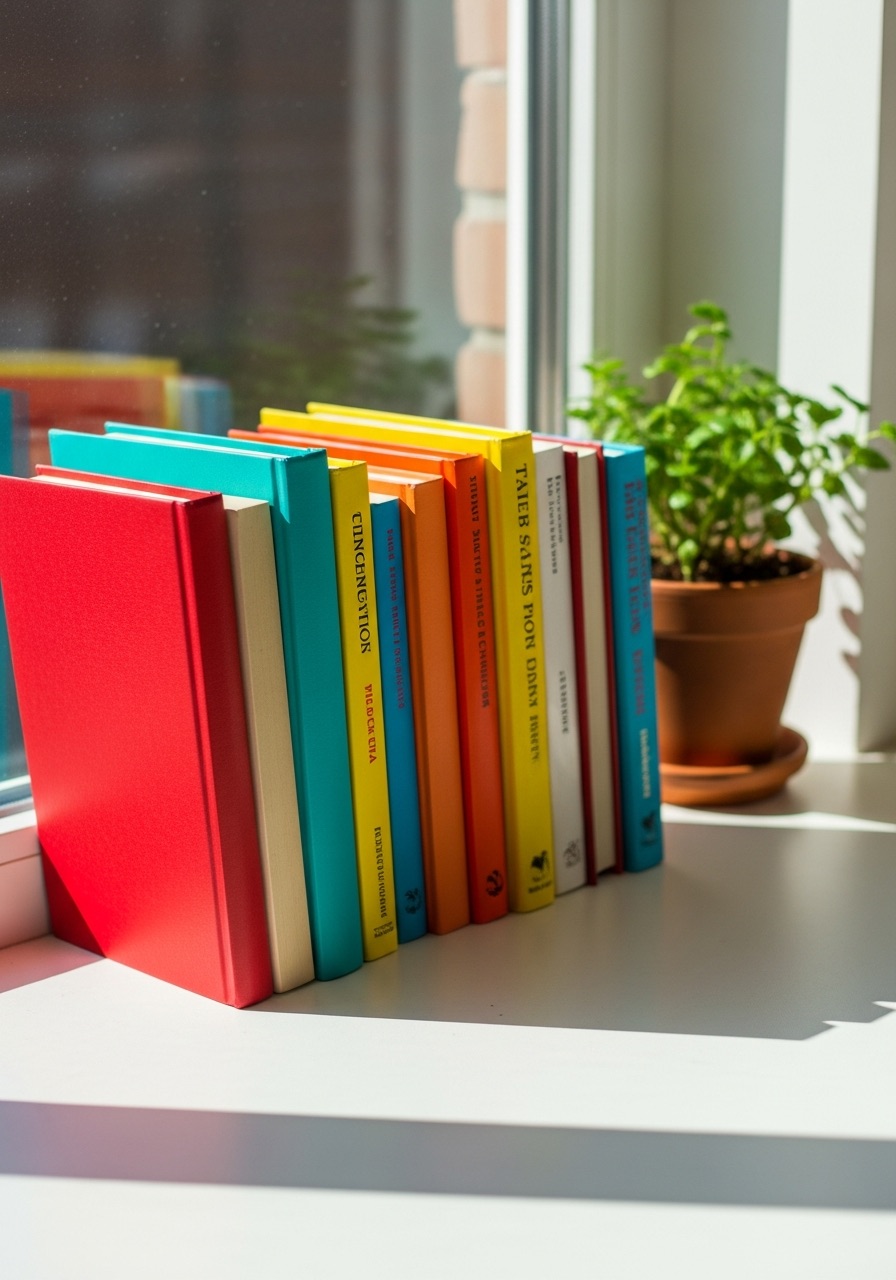 A row of colourful hardcover books on a windowsill