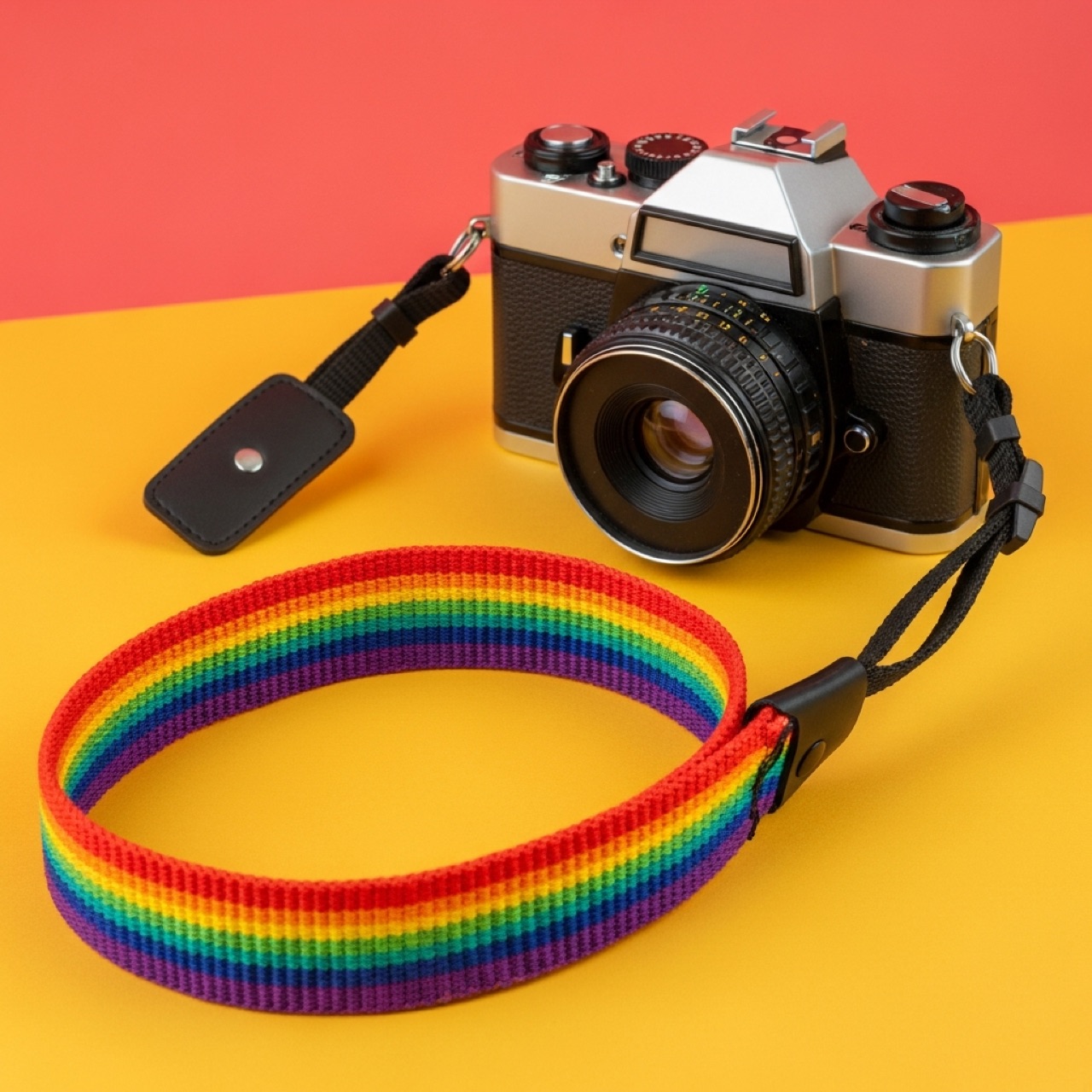 A film camera with a rainbow strap on a bright surface