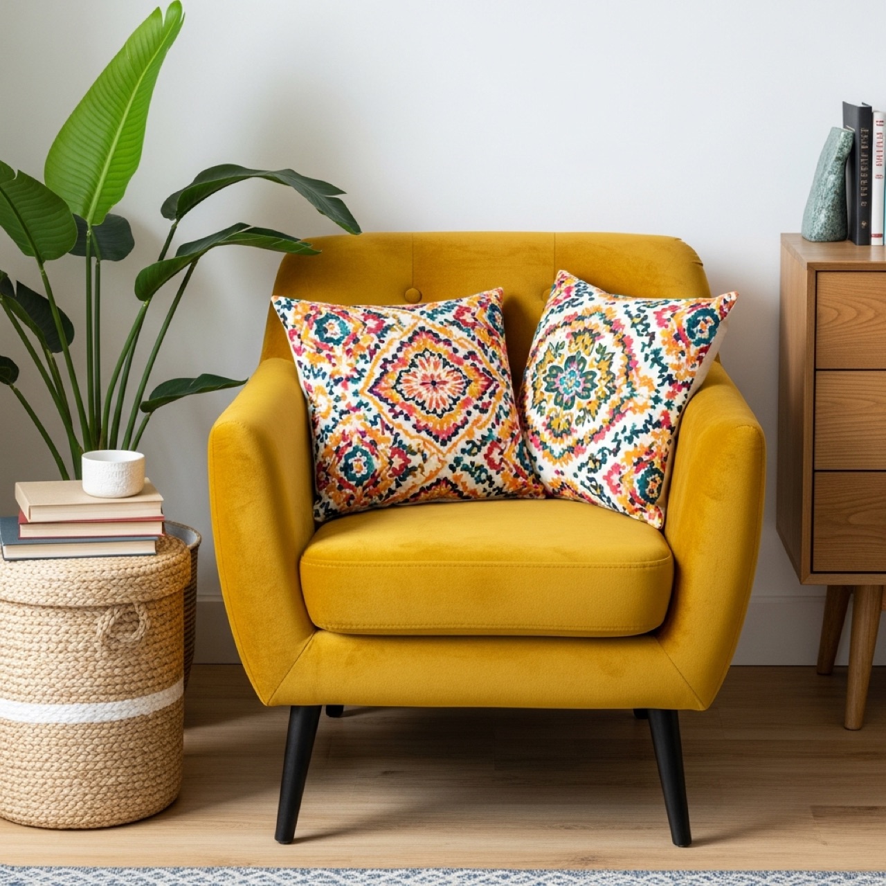 A mustard velvet armchair with colourful cushions
