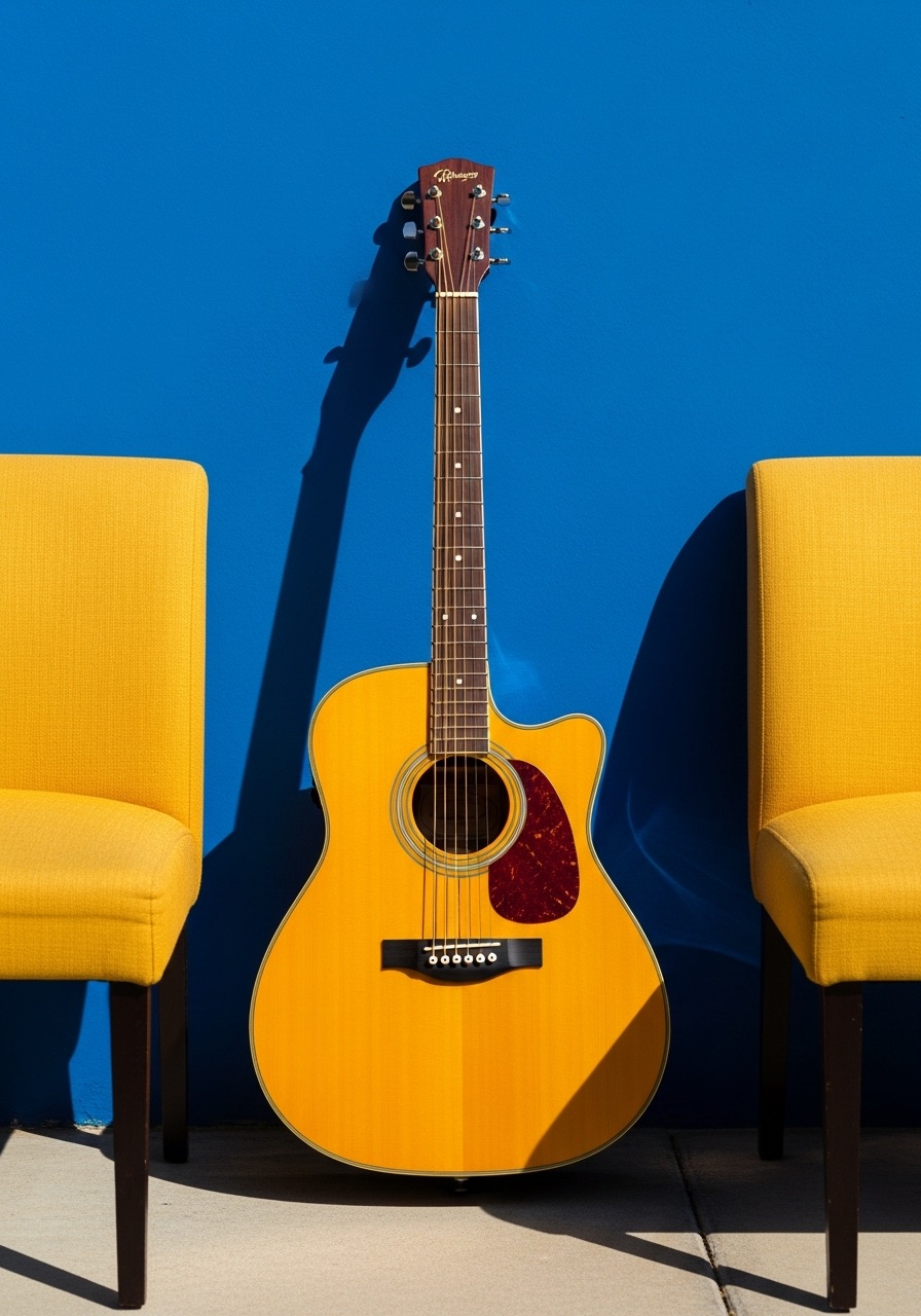 A yellow acoustic guitar against a blue wall