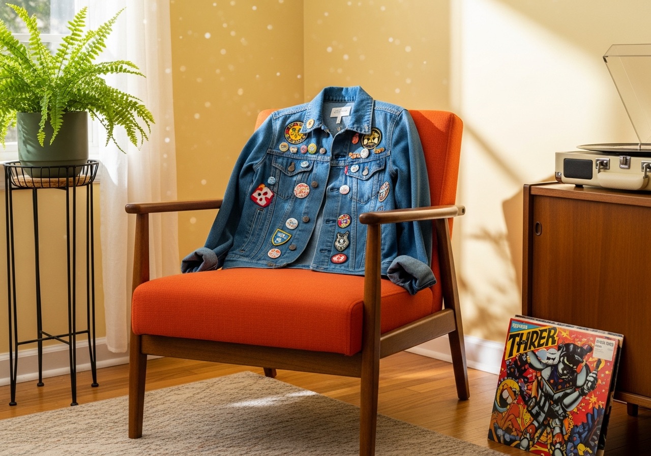 A denim jacket on a bright orange armchair