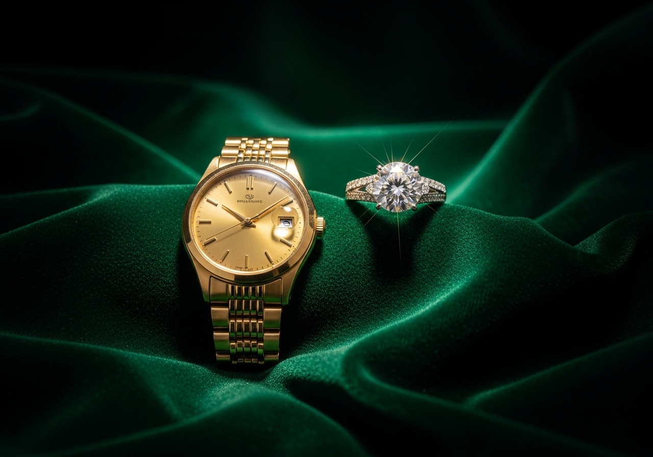 A gold watch and a diamond ring on emerald velvet