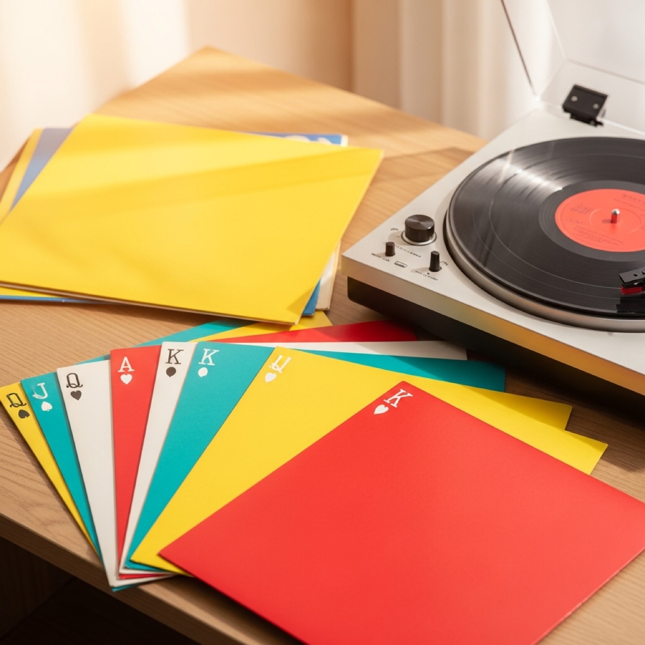 Brightly coloured record sleeves beside a turntable