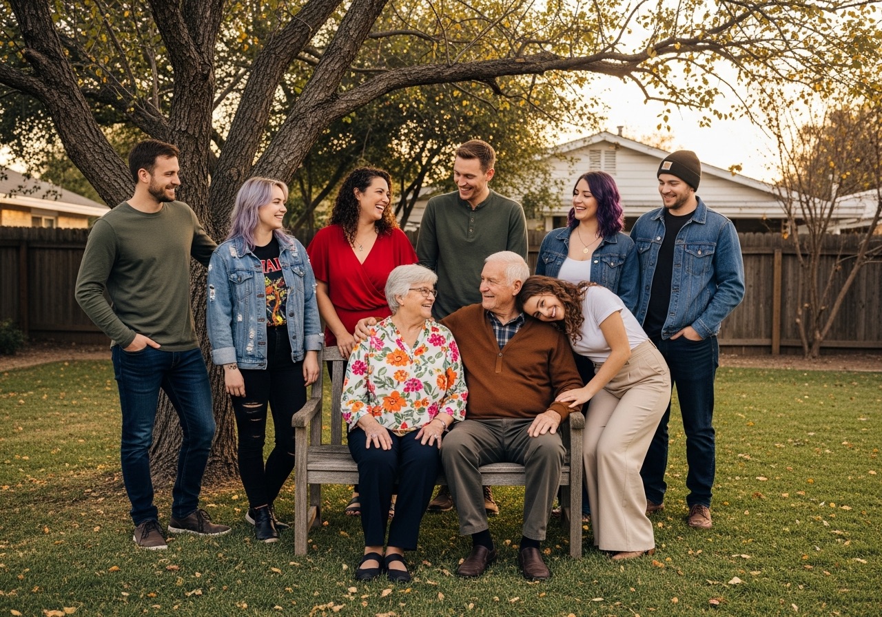 A multi-generational family together outdoors, warm and unposed