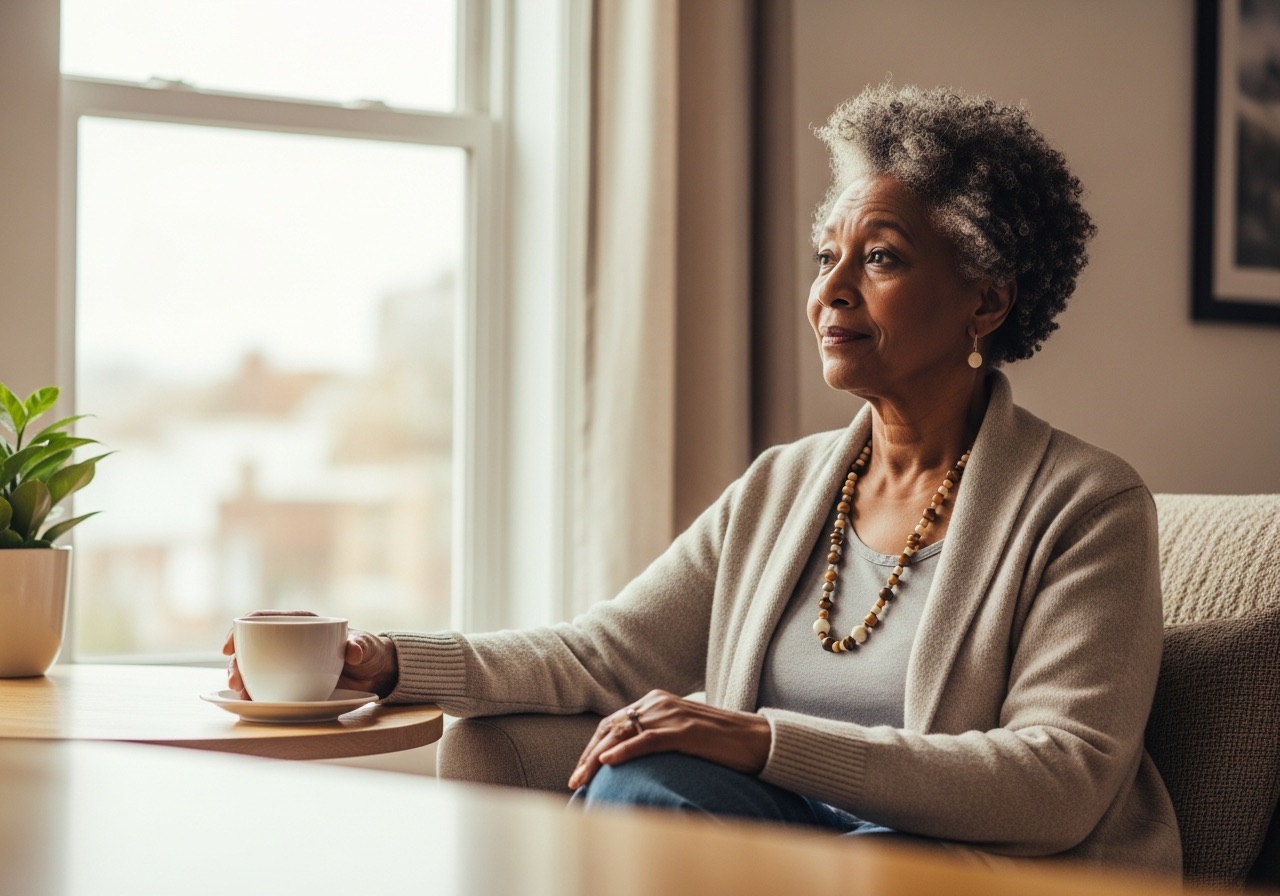 A calm older woman by a window at home