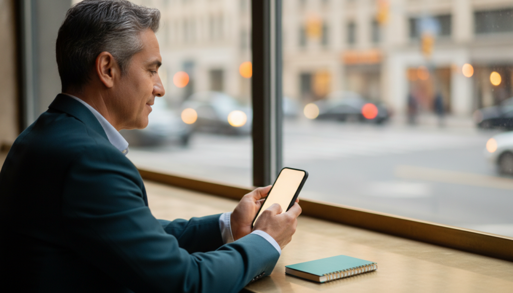 A man at a café table reviewing photos and accounts on his smartphone