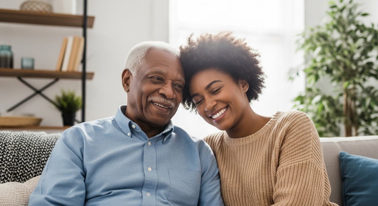 An elderly father and his adult daughter sitting close together, smiling warmly