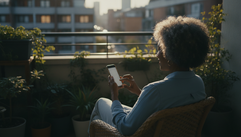 A woman on a sunny balcony setting up a legacy contact on her smartphone