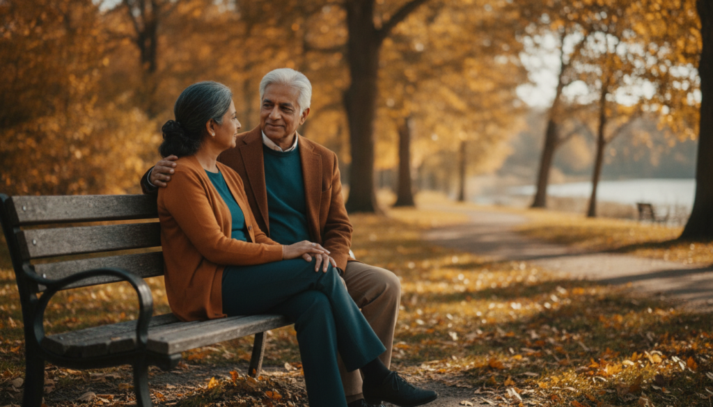 An older couple talking closely together on a park bench in autumn light