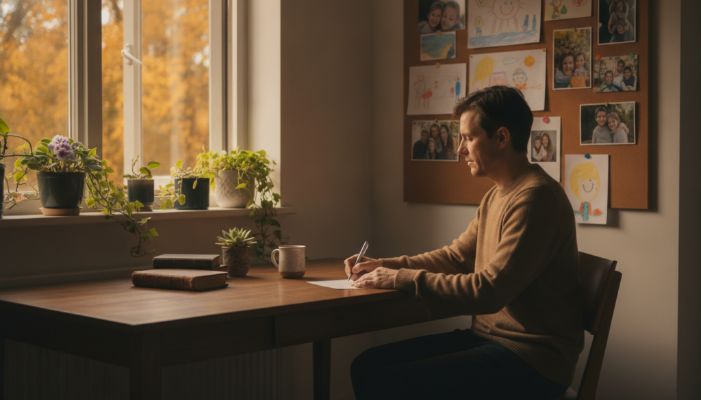 A parent writing a letter at a bright desk with family photos on the wall