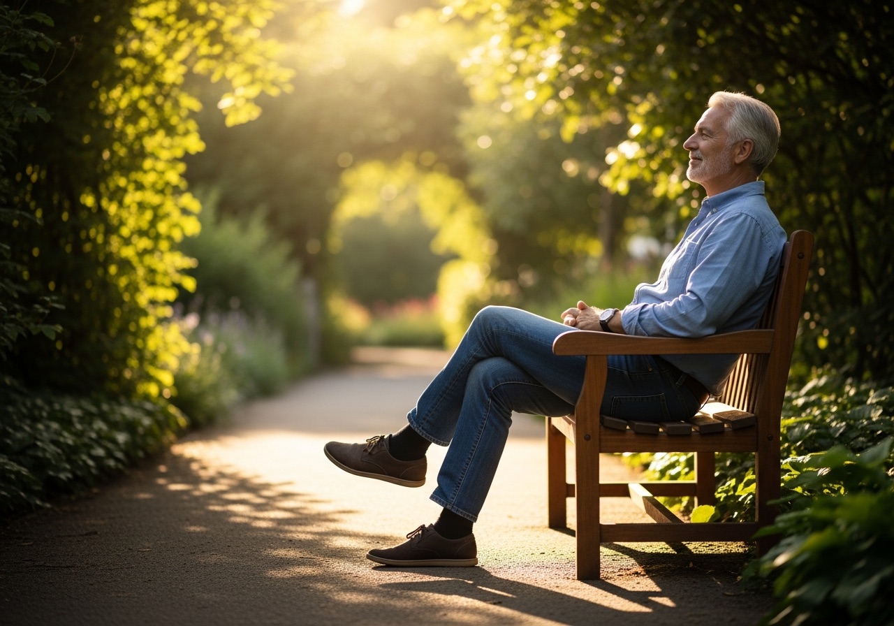 A man sitting peacefully in a sunlit garden, at ease