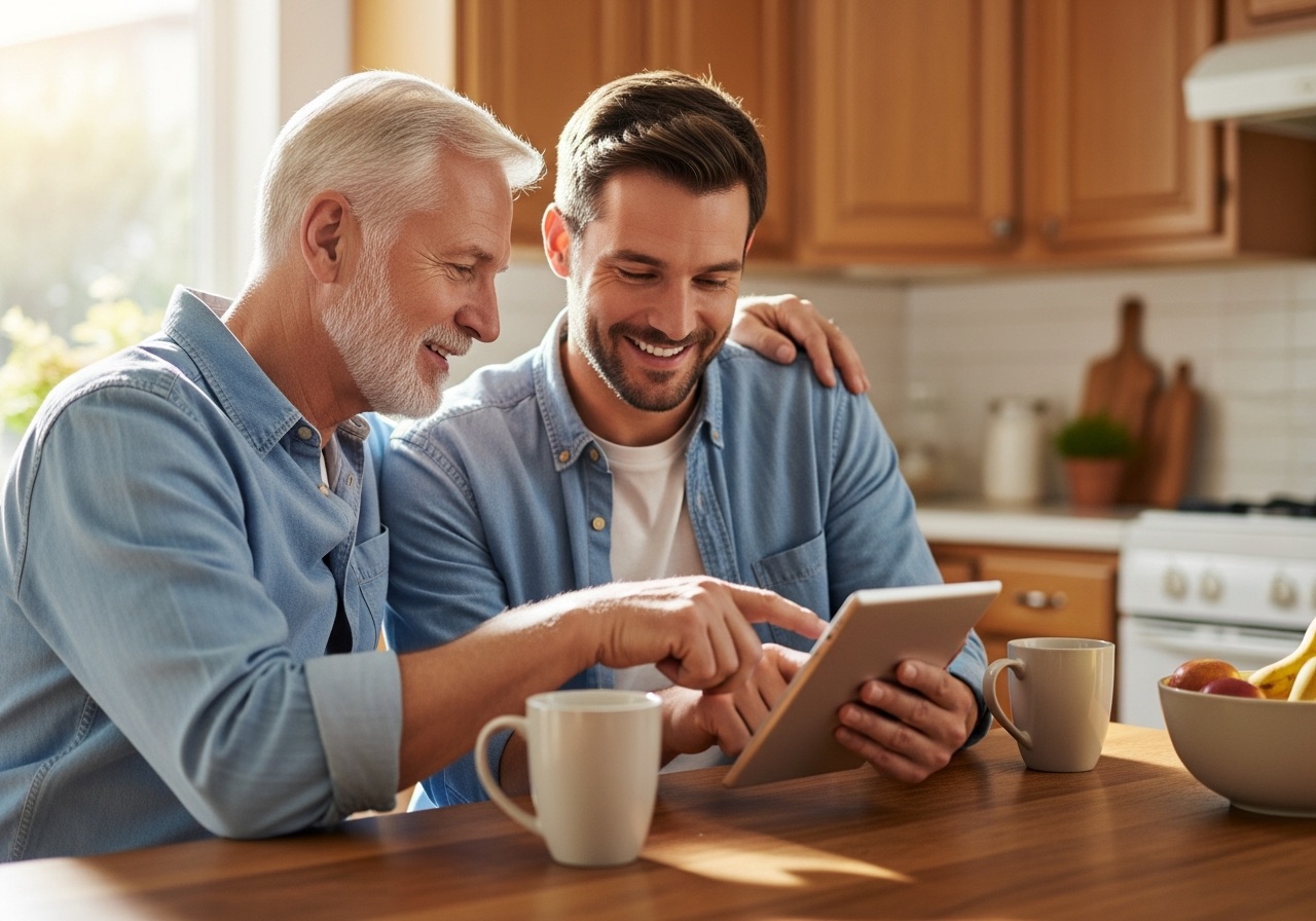 An older father and his adult son looking at a tablet together at a kitchen table