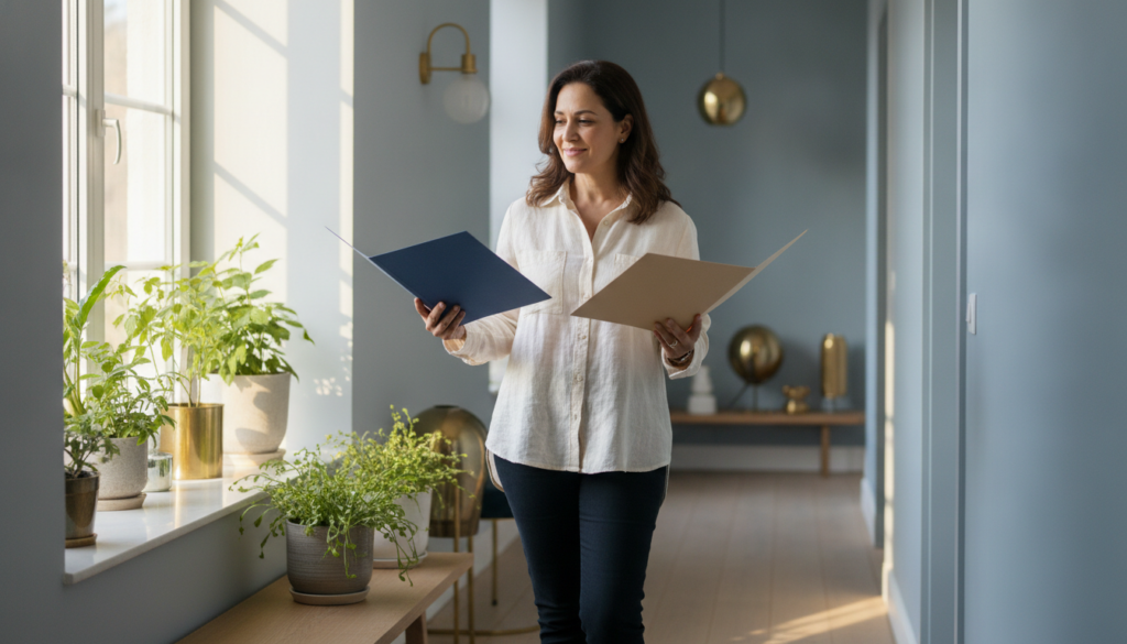 A woman at home comparing two plain folders in different colors