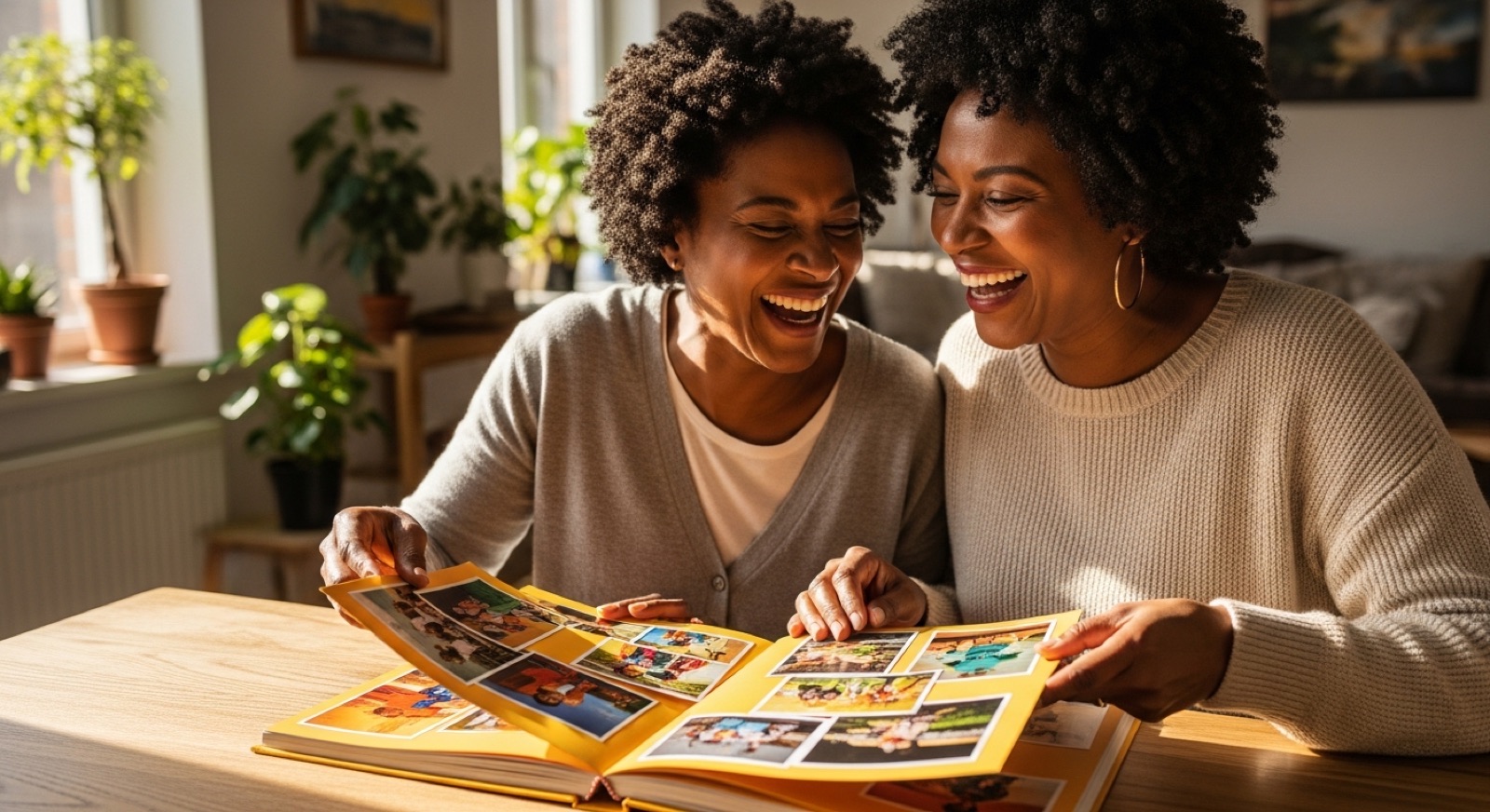 Two women laughing together as they look through a colourful photo album in a sunlit room