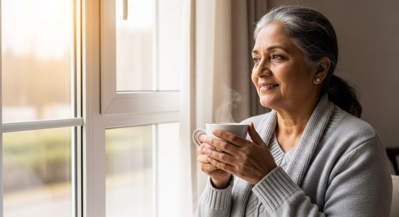 A calm older woman relaxing by a sunlit window with a cup of coffee