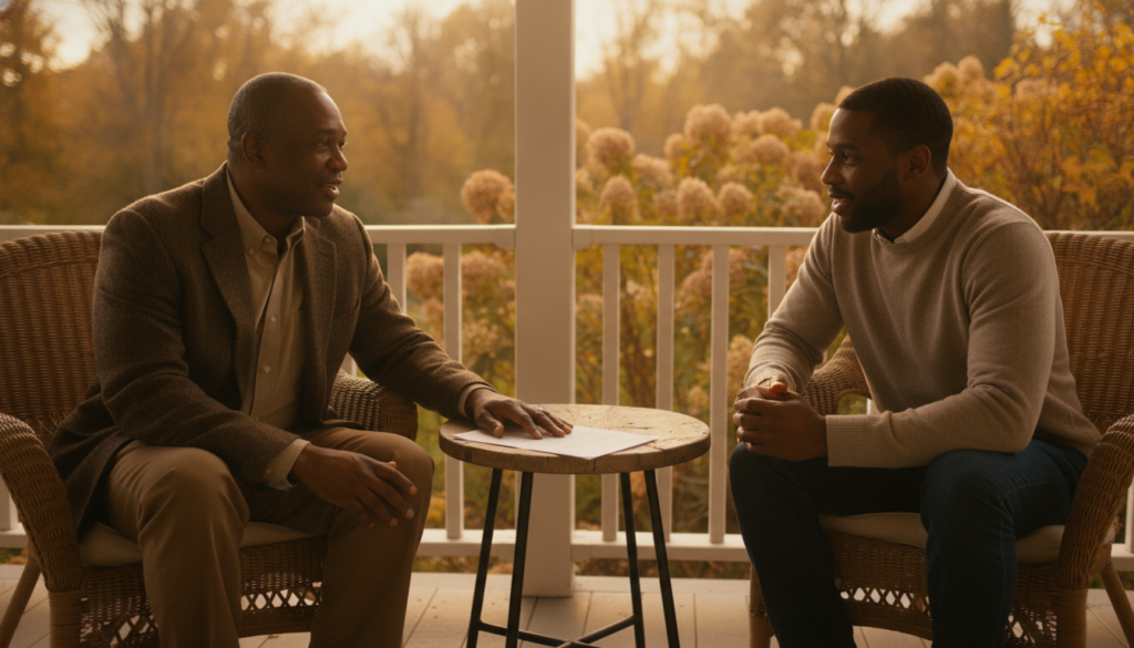 Father and adult son talking together on a porch with a folded document on the table