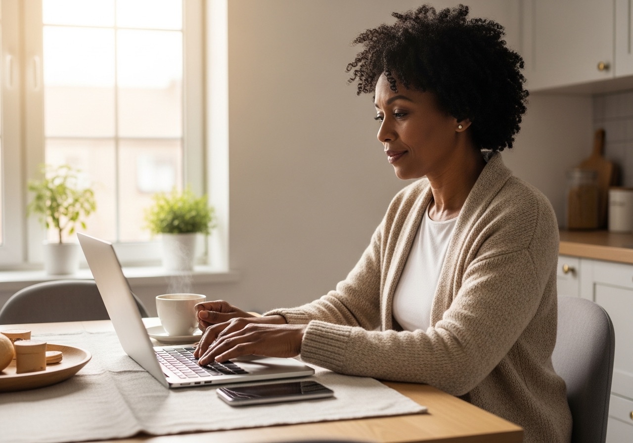 A woman at a sunlit kitchen table organizing her online accounts on a laptop