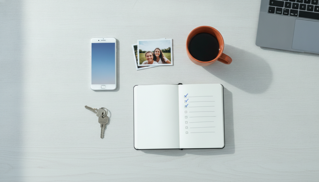 An organized flat-lay of a phone, laptop, photos and a checklist on a desk