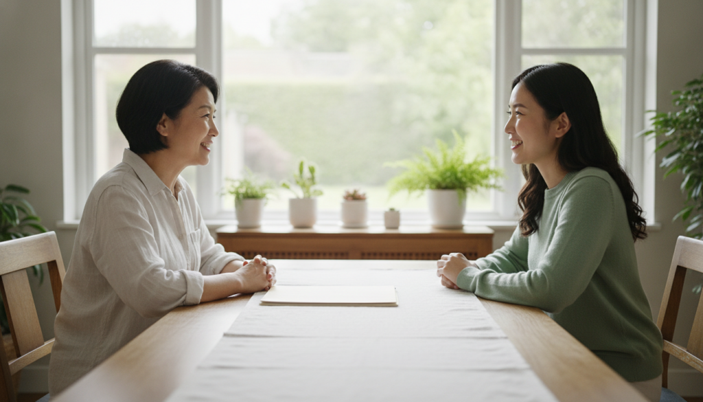 A mother and adult daughter talking together over a document at a bright table