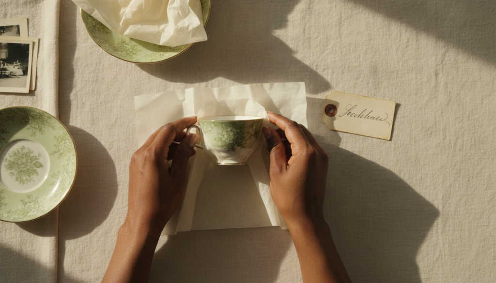 Overhead view of hands wrapping a china teacup in tissue paper beside a handwritten name tag