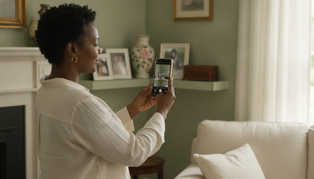 Woman photographs framed photos and keepsakes on a shelf to catalog family heirlooms.