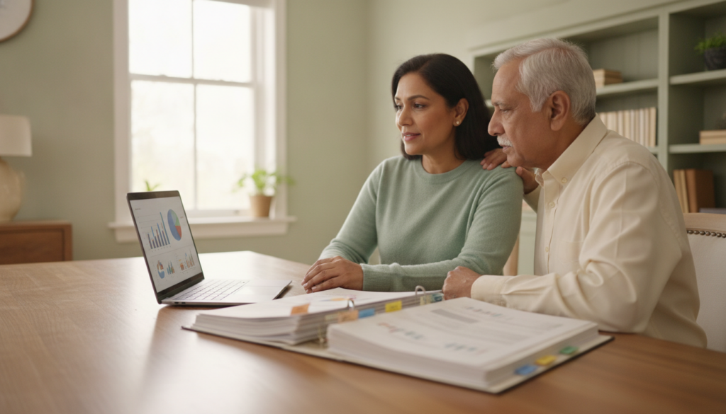 A woman and her elderly father review bank account paperwork together at a desk