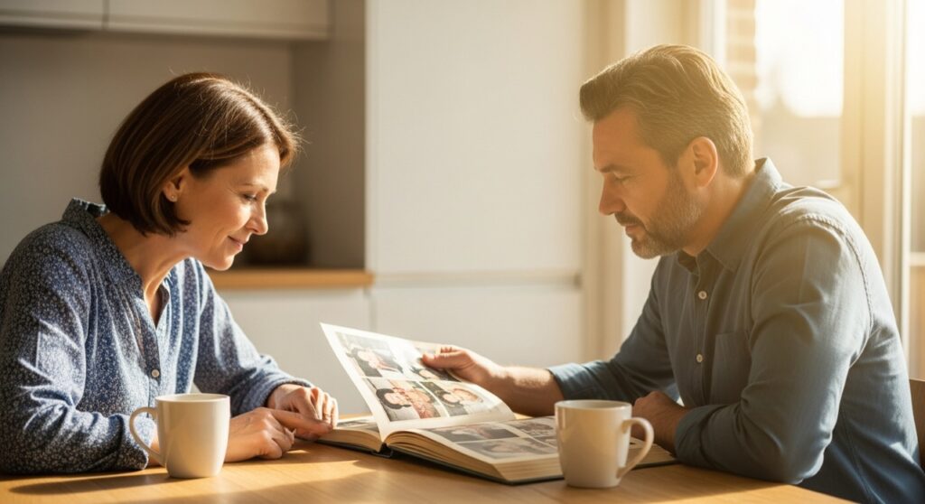A brother and sister looking through a family photo album together, remembering their father