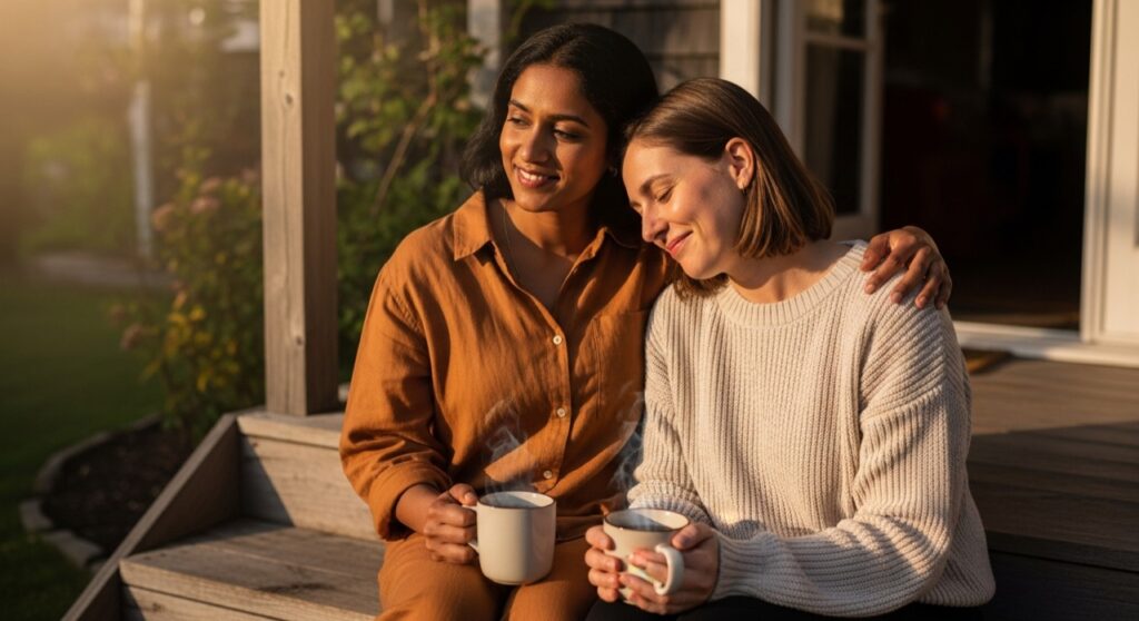 Two friends sitting on a porch step in morning light, one with an arm around the other