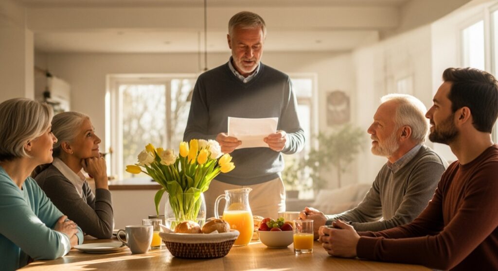 A man reading a speech to family gathered around a sunlit dining table