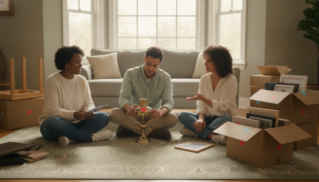 Three siblings sitting on the floor of a sunlit living room placing colored stickers on furniture while dividing belongings