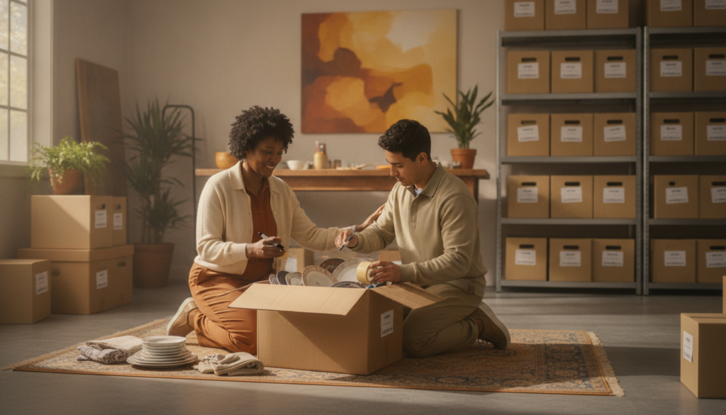 Two adult siblings calmly sorting and labeling boxes of their parent's belongings together in a garage