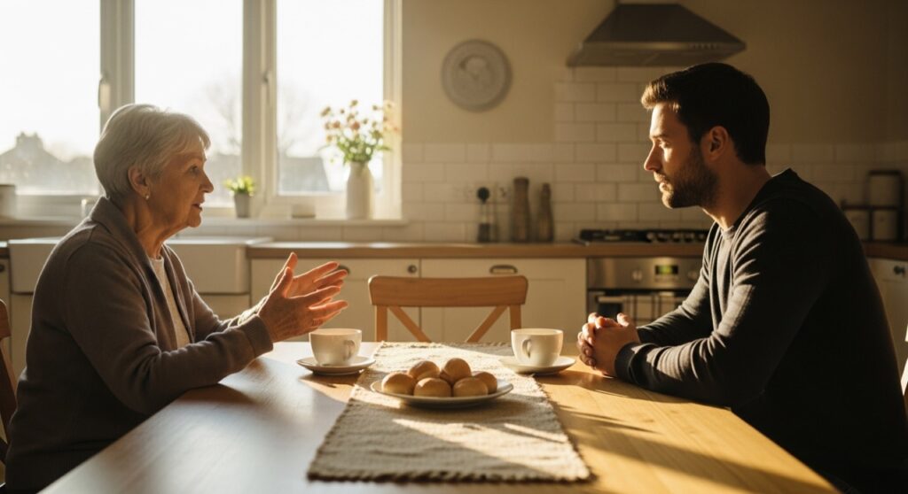 An older woman and a younger man in a warm conversation at a sunlit kitchen table