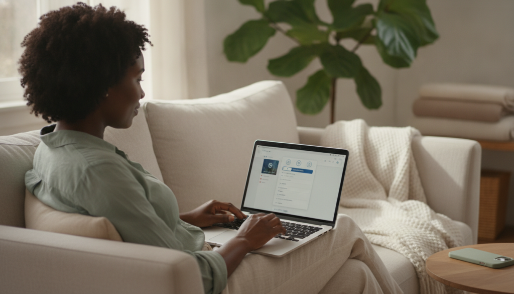 Woman on a sofa setting up a trusted-contact option on a laptop