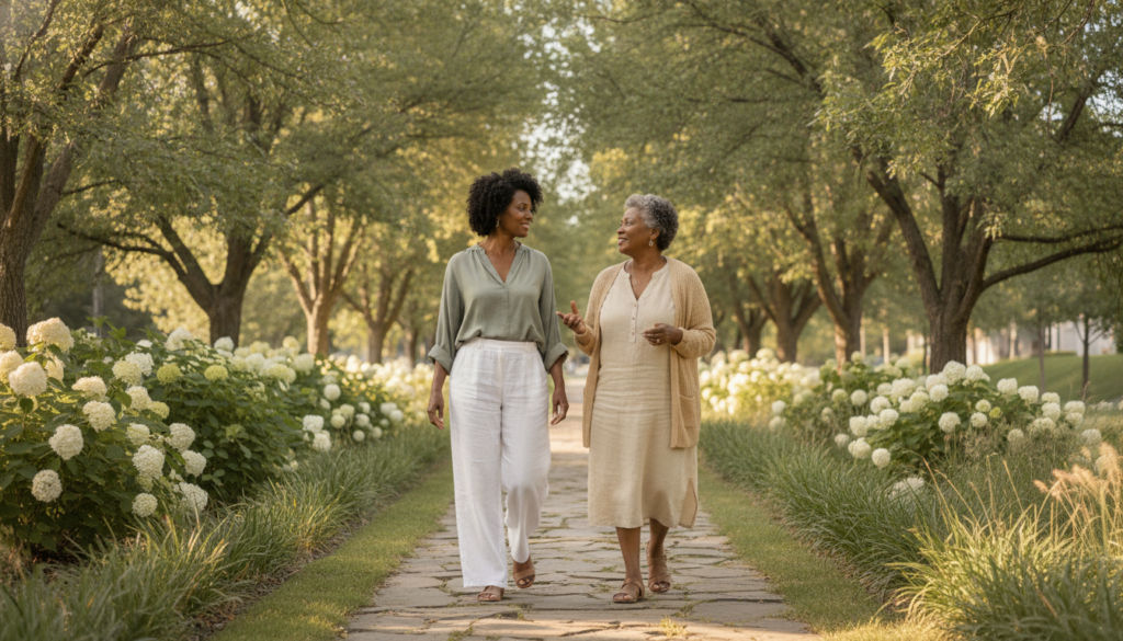 An adult daughter and her mother walk and talk together on a tree-lined path