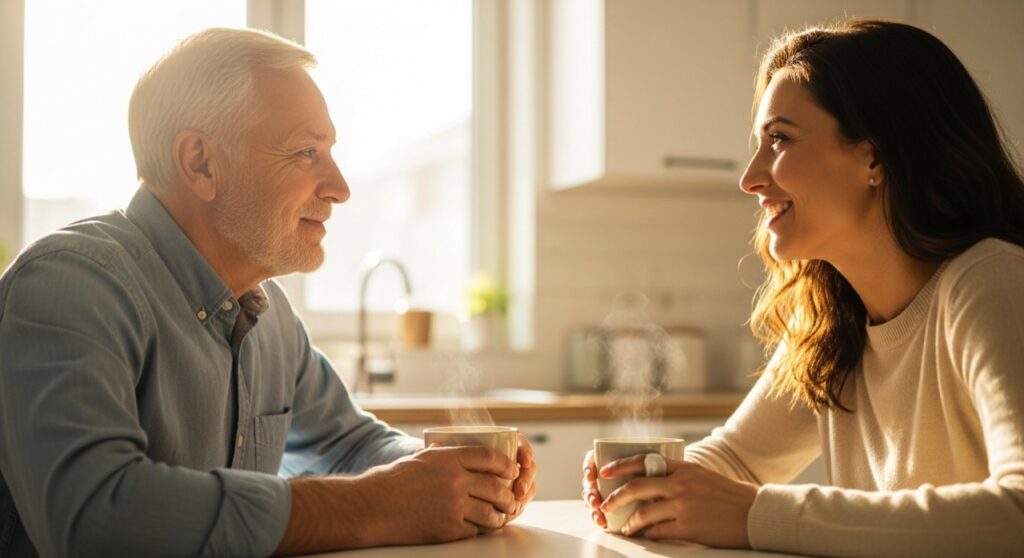 An adult daughter and her father talking warmly over coffee at a sunlit kitchen table