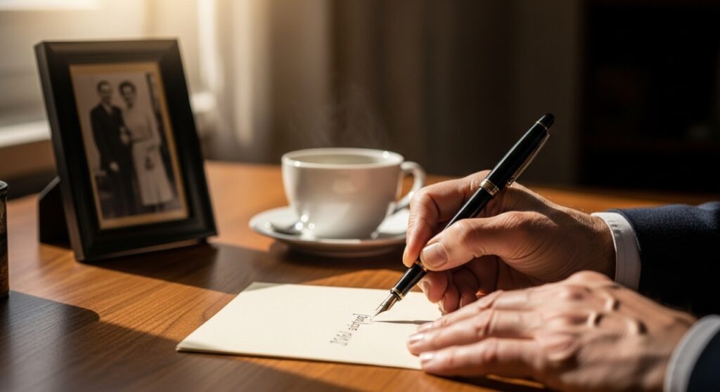 Hands writing an obituary with a fountain pen beside a framed family photograph