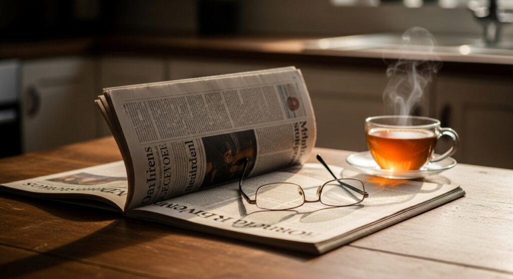 A folded newspaper on a kitchen table beside reading glasses and a cup of tea