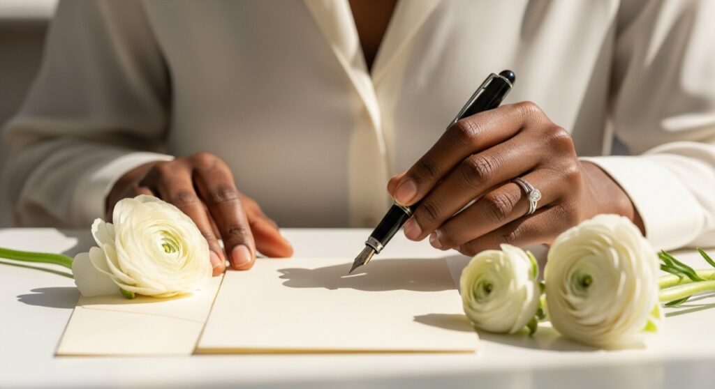 Hands writing a sympathy card with a fountain pen beside white flowers
