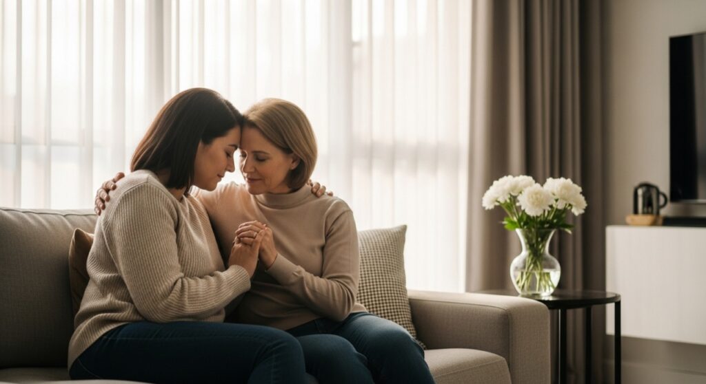 Two women sitting close together on a sofa, one comforting the other after the loss of her mother