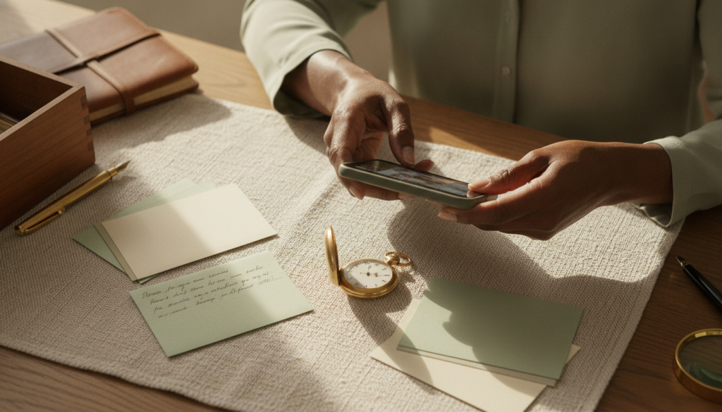 Woman photographing a pocket watch beside a handwritten note about its story