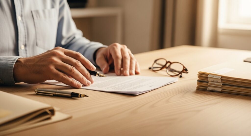 Hands reviewing an estate document at a bright desk beside labeled folders and reading glasses