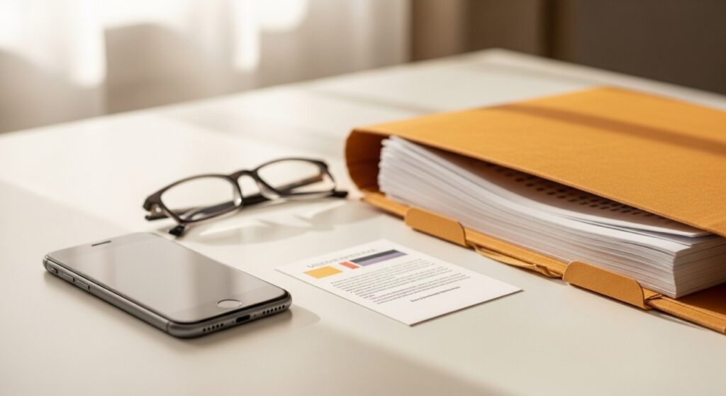 A smartphone beside a printed card, a document folder and reading glasses on a bright desk