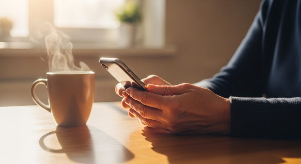 Hands holding a smartphone at a sunlit kitchen table beside a steaming cup of tea