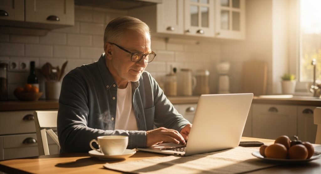 An older man using a laptop at a bright kitchen table in morning light