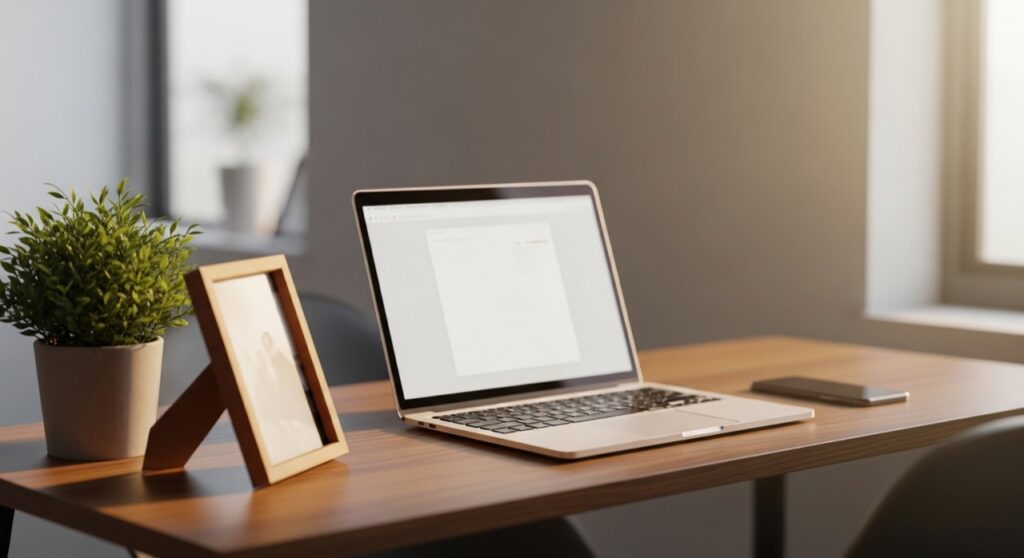 A bright tidy desk with an open laptop, a phone and a framed family photo in morning light