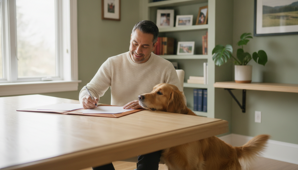 A man signs pet trust papers at a home desk while his dog rests against his leg.