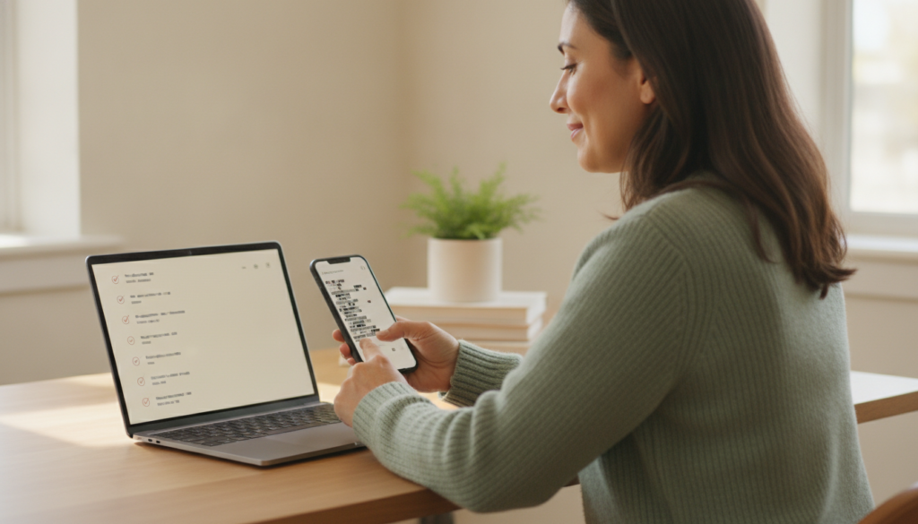A woman reviewing a phone's account settings beside an open laptop at a sunlit desk